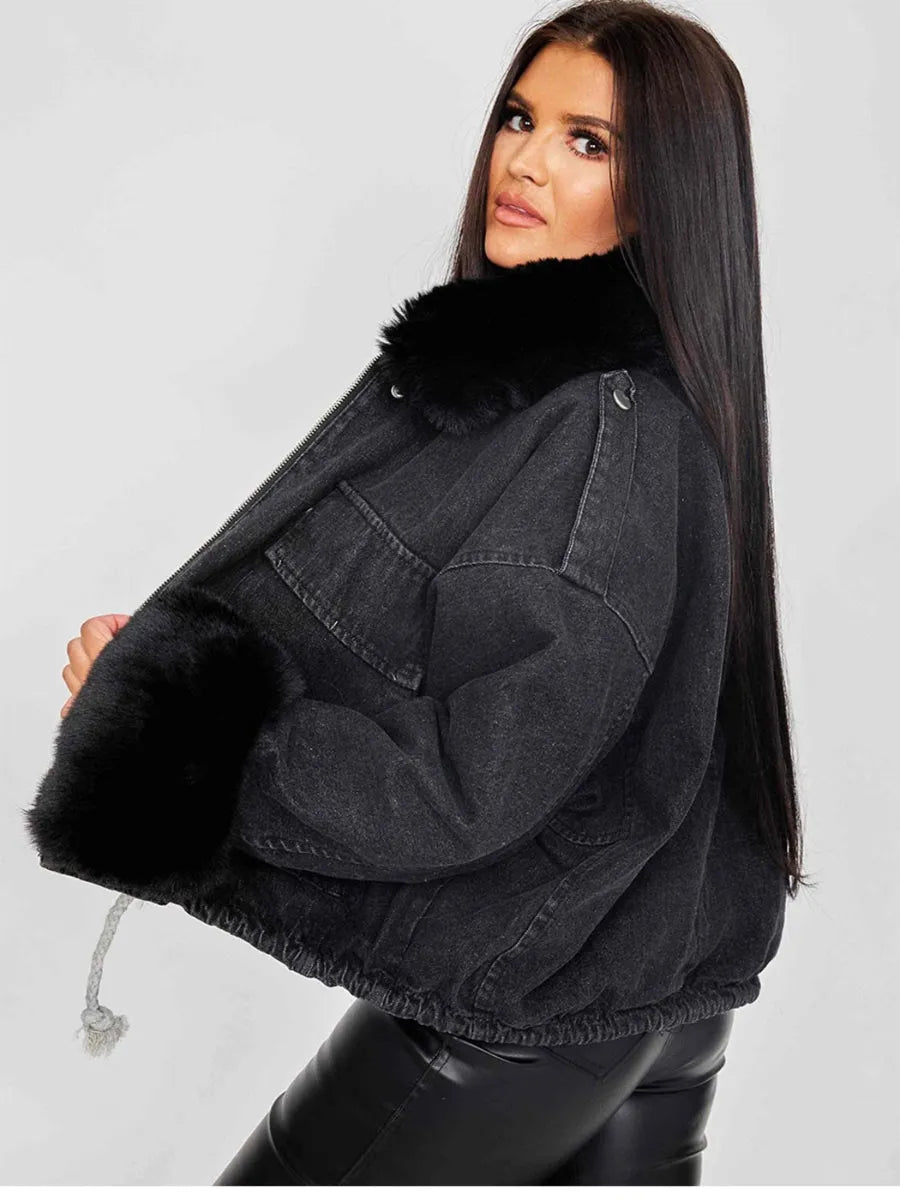 Nella Oversized Faux Fur Lined Denim Jacket In Black Vivichi Limited