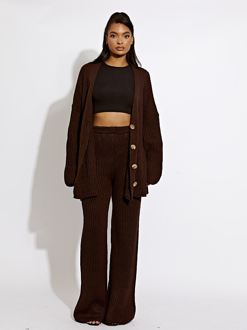 Cara Knitted Buttoned Cardigan Wide Leg Trouser Co-ord In
