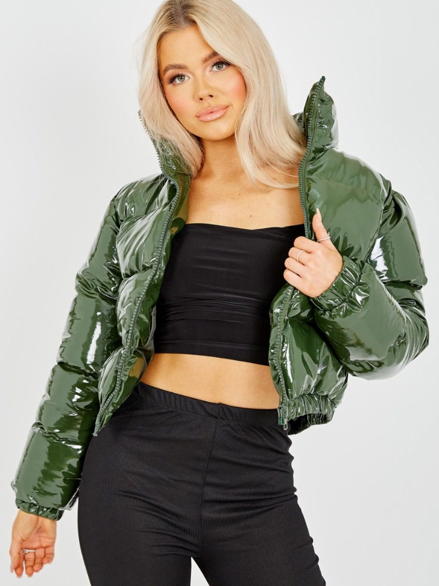 Emilia PVC Leather Cropped Puffer Jacket In Khaki – Vivichi Limited