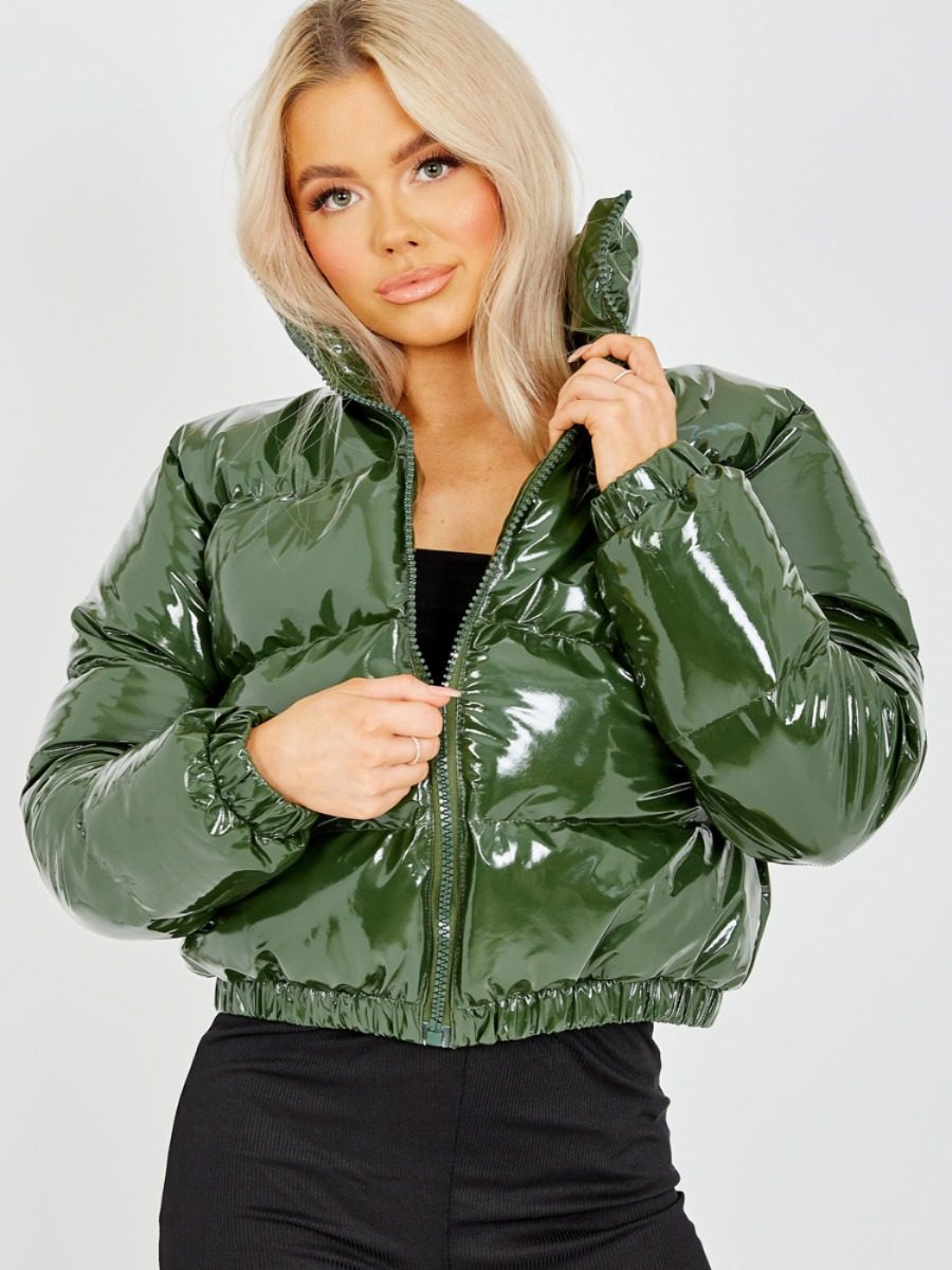 Emilia PVC Leather Cropped Puffer Jacket In Khaki – Vivichi Limited