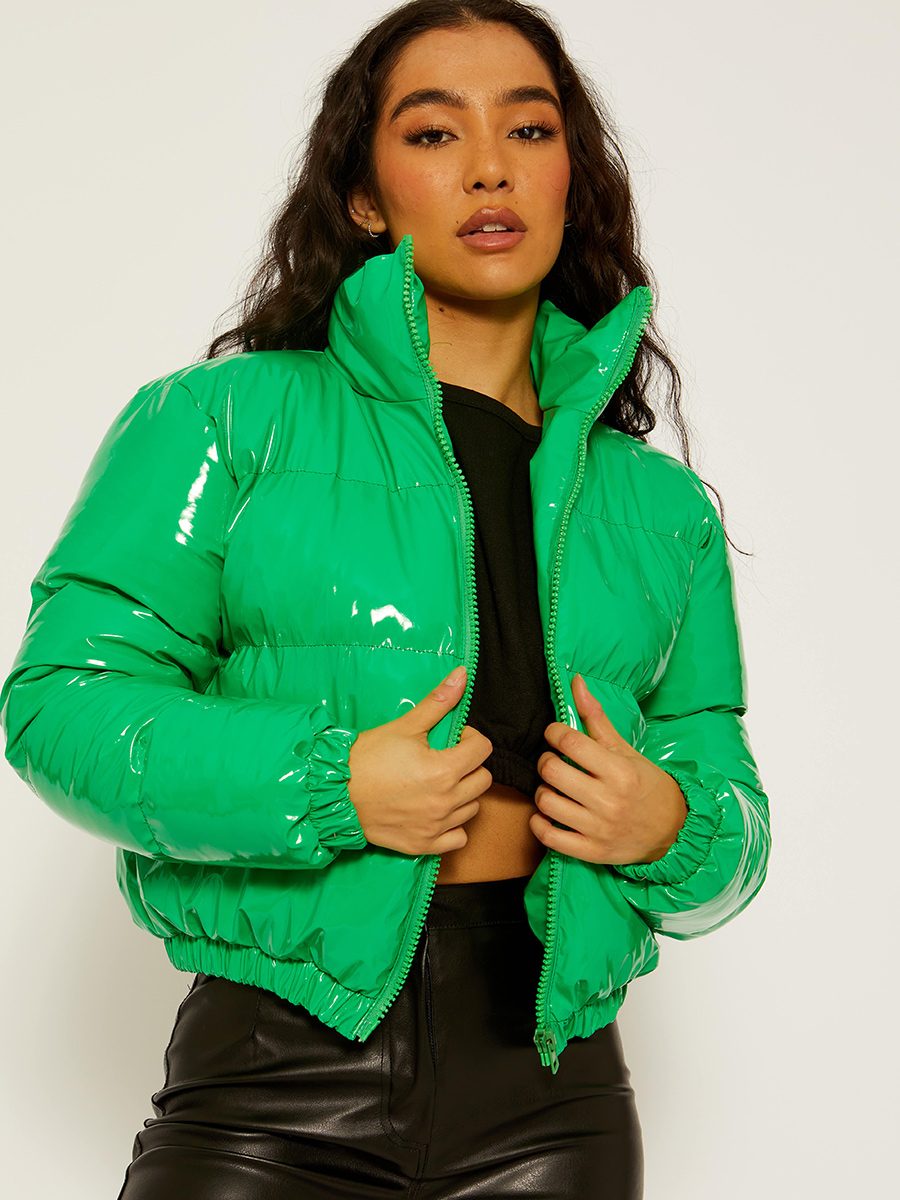 Emilia PVC Leather Cropped Puffer Jacket In Green – Vivichi Limited